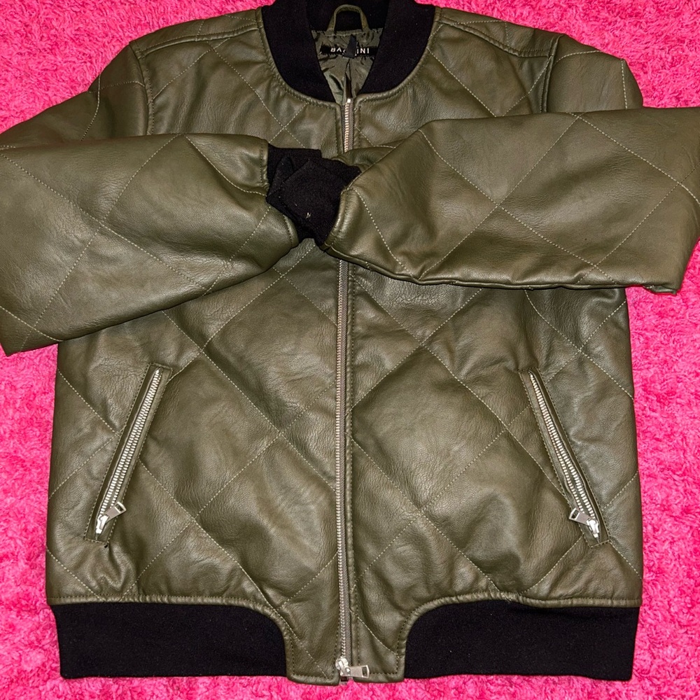 Green and Black Leather Bomber Jacket